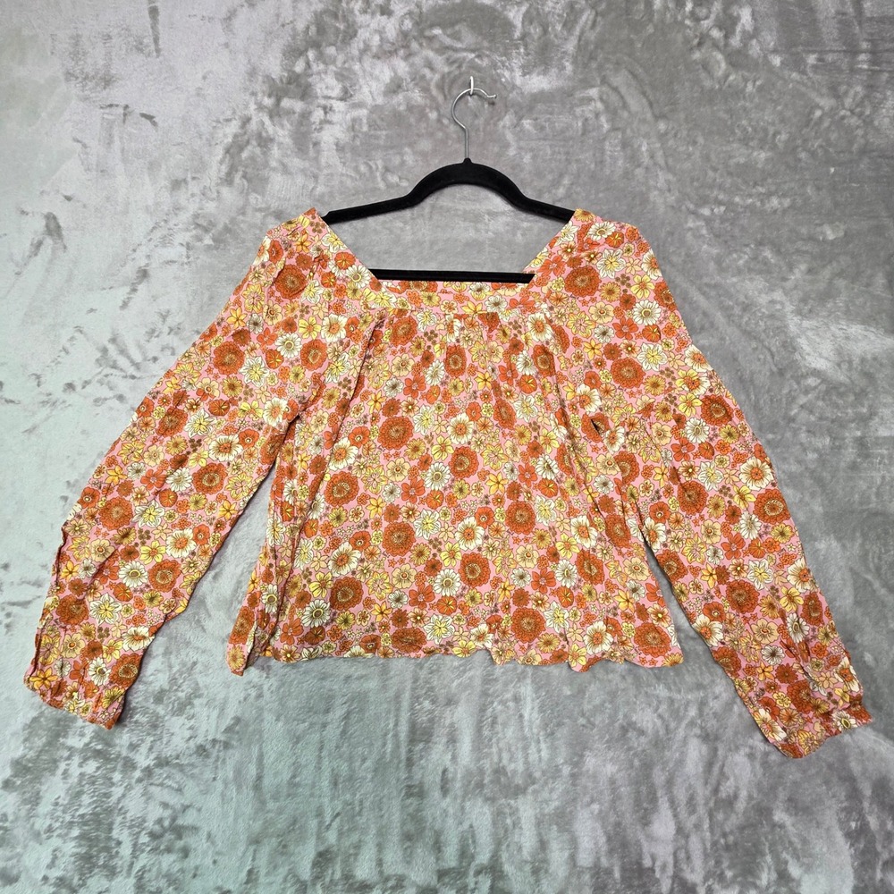 Levis Girls XL 13-15 Floral Square Neck Long Sleeve Blouse Pink Orange Retro